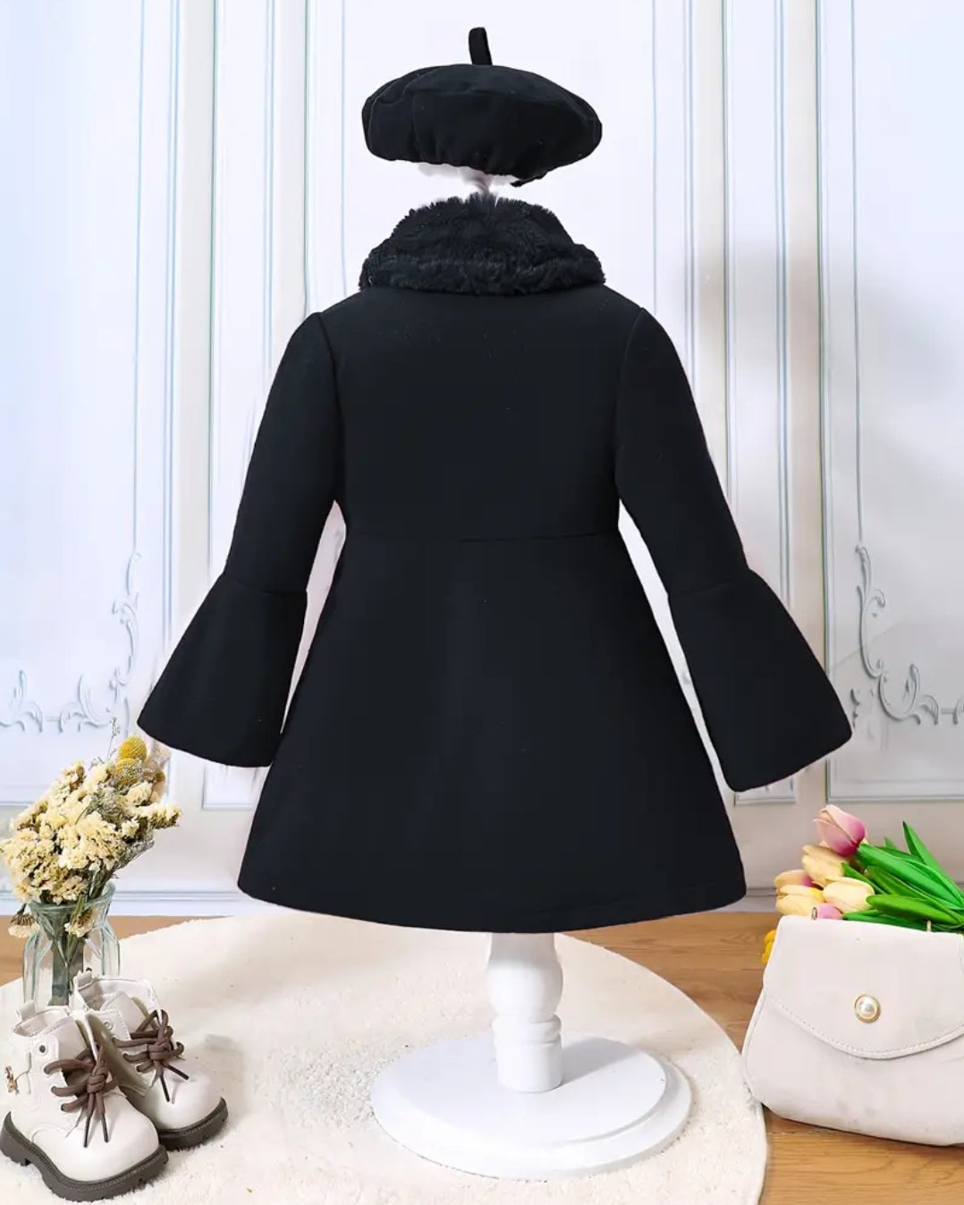 Manteau et béret tendance pour filles, manteau elegant avec manche évasées à boutons et le col en polaires, pour l'automne/hiver,soirée