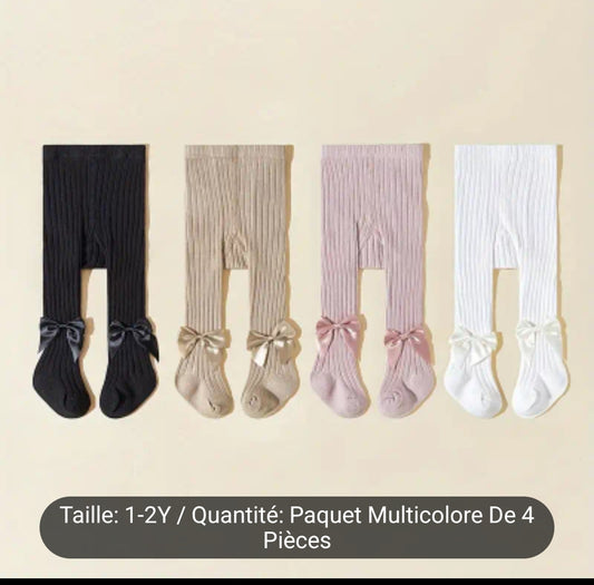 4 paires de collant pour bébé fille, de couleur  bonbon unie,noeuds papillon 3D,collant  elastique respirants et confortable pour printemps et l'autonome