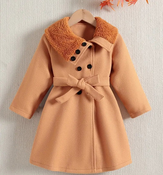 Manteau jeune fille Élégante et ceinture, col en fourrure tunique solide éclatée veste pour hiver automne