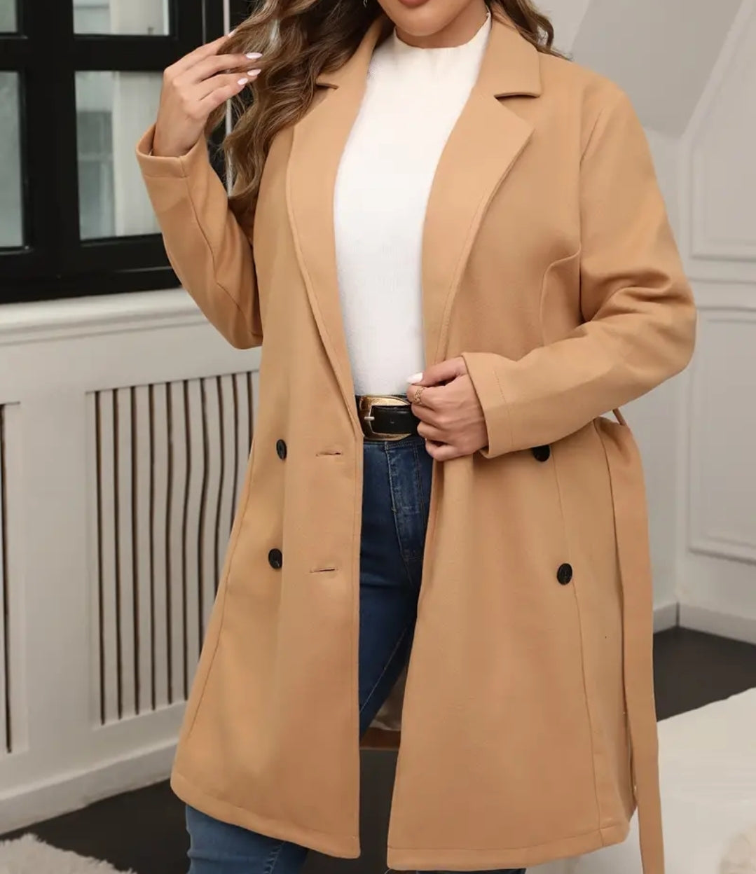 Manteau à col crante double boutonnage, elégante à manche longue pour automnes et hiver