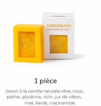 Savon Carlaglow Carotte Extra Fort illumine et unifie la peau tout en l’hydratant en profondeur grâce à ses ingrédients naturels.

Ingrédients :
Carotte naturelle, huile d’olive, coco, palme, glycérine, ricin, jus de citron, miel, karité, niacinamide.