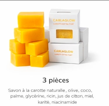 Savon Carlaglow Carotte Extra Fort illumine et unifie la peau tout en l’hydratant en profondeur grâce à ses ingrédients naturels.

Ingrédients :
Carotte naturelle, huile d’olive, coco, palme, glycérine, ricin, jus de citron, miel, karité, niacinamide.