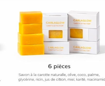 Savon Carlaglow Carotte Extra Fort illumine et unifie la peau tout en l’hydratant en profondeur grâce à ses ingrédients naturels.

Ingrédients :
Carotte naturelle, huile d’olive, coco, palme, glycérine, ricin, jus de citron, miel, karité, niacinamide.