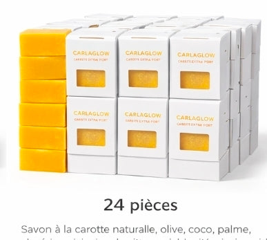 Savon Carlaglow Carotte Extra Fort illumine et unifie la peau tout en l’hydratant en profondeur grâce à ses ingrédients naturels.

Ingrédients :
Carotte naturelle, huile d’olive, coco, palme, glycérine, ricin, jus de citron, miel, karité, niacinamide.