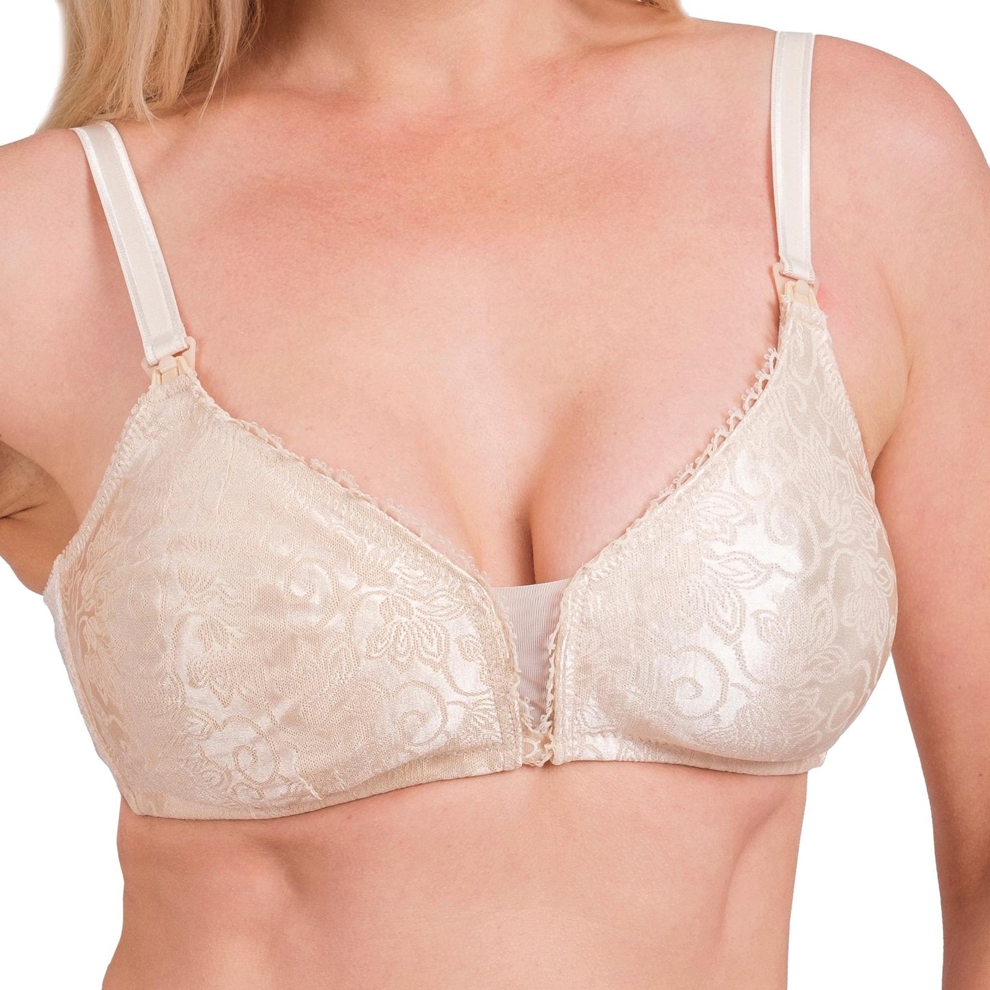 Women’s Nursing Bra – Breathable, Stretchy & Full-Coverage Maternity Bra with One-Hand Clips (White, Skin)