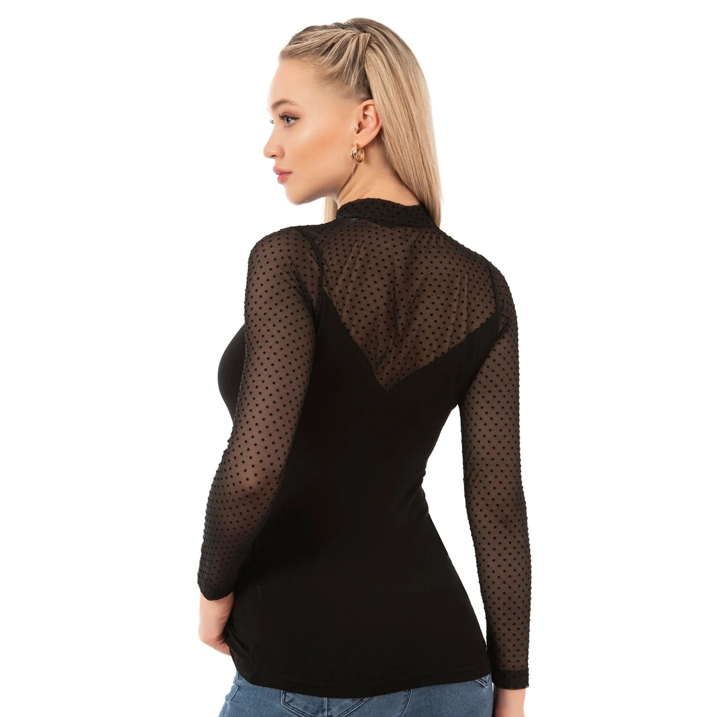 Women’s Long Sleeve Mesh Top – Black Sheer Polka Dot Turtleneck Shirt | Viscose Blend