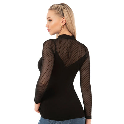 Women’s Long Sleeve Mesh Top – Black Sheer Polka Dot Turtleneck Shirt | Viscose Blend