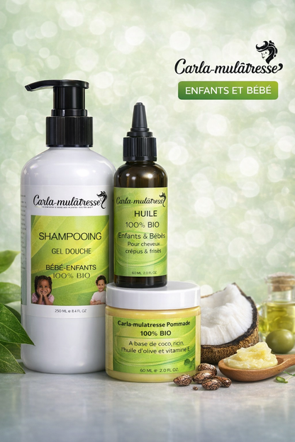 Carla-mulatresse Bébé & Enfant.Offrez aux cheveux délicats de vos enfants un soin complet et 100% naturel avec le set capillaire Carla-mulatresse spécialement conçu pour bébés et enfants.
Formulé à base d’ingrédients naturels soigneusement