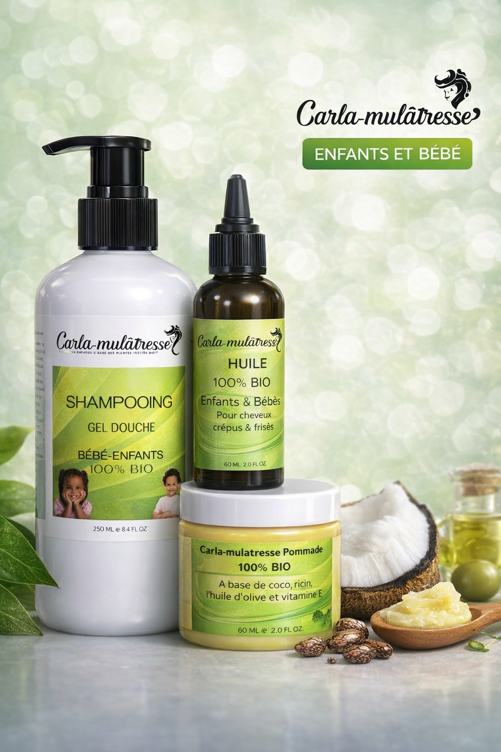 Carla-mulatresse Bébé & Enfant.Offrez aux cheveux délicats de vos enfants un soin complet et 100% naturel avec le set capillaire Carla-mulatresse spécialement conçu pour bébés et enfants.
Formulé à base d’ingrédients naturels soigneusement