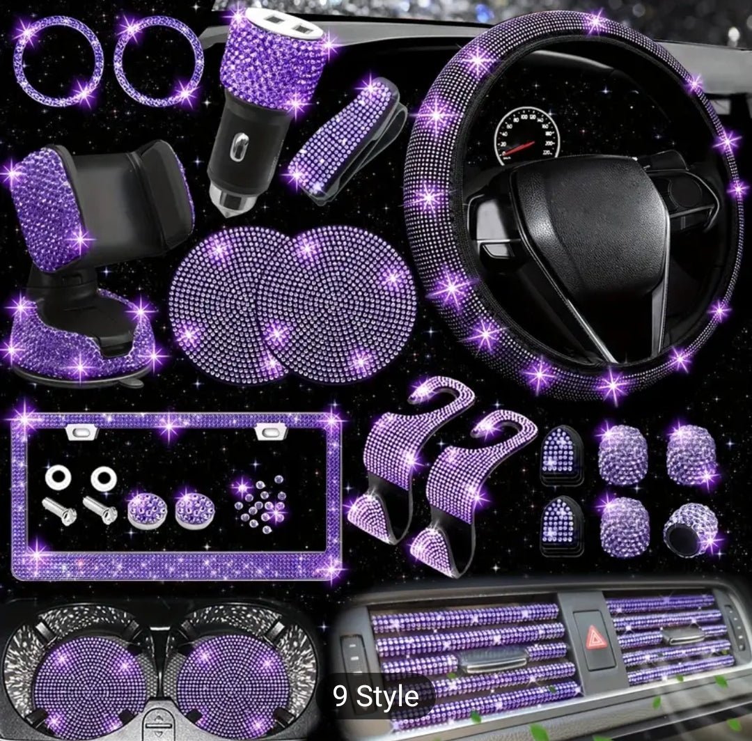 27pcs ensemble d'accessoires de voiture bling pour femme, couvre - volant bling, universel 15pouces, cadre de plaque d'immatriculation bling, support de téléphone,dessous de verre de voiture - Carlastore27pcs ensemble d'accessoires de voiture bling pour femme, couvre - volant bling, universel 15pouces, cadre de plaque d'immatriculation bling, support de téléphone,dessous de verre de voitureCarlastoreCarlastore