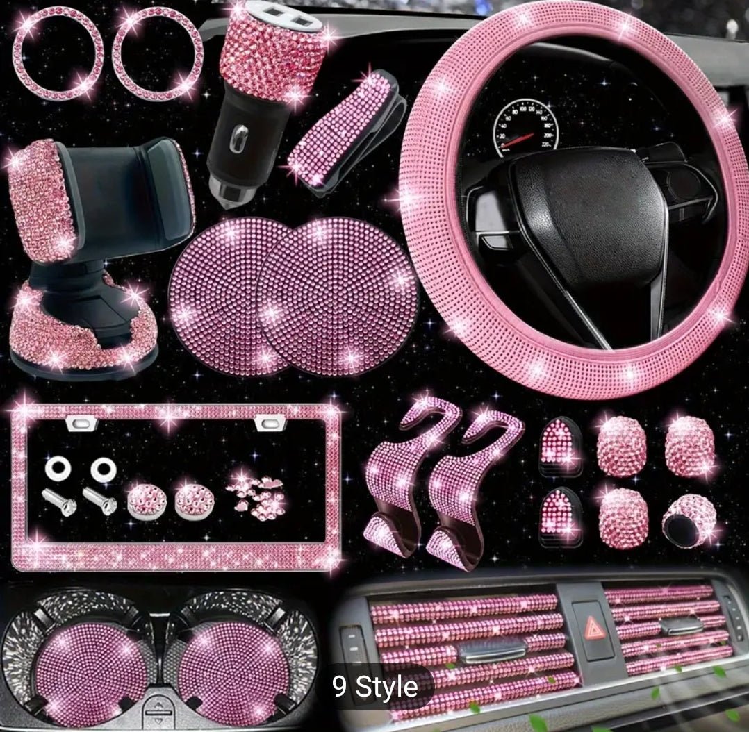 27pcs ensemble d'accessoires de voiture bling pour femme, couvre - volant bling, universel 15pouces, cadre de plaque d'immatriculation bling, support de téléphone,dessous de verre de voiture - Carlastore27pcs ensemble d'accessoires de voiture bling pour femme, couvre - volant bling, universel 15pouces, cadre de plaque d'immatriculation bling, support de téléphone,dessous de verre de voitureCarlastoreCarlastore