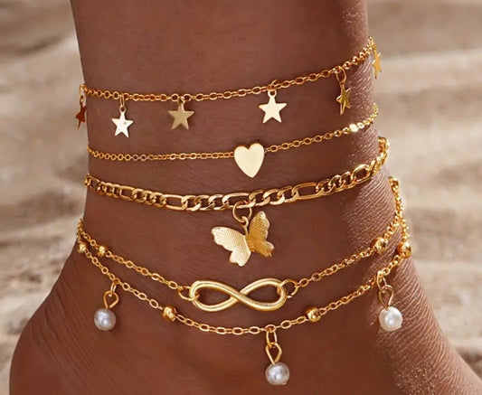 4pcs ensemble de bracelet chevilles empilables à chaîne fin avec des perles en forme de papillons et de symboles d'infini