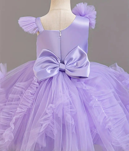 Robe princesse en tulle élégant pour fille avec noeuds amovible et traîne,robe de gala pour concours de beauté hôtesse,performance de piano,cadeau de fête saisonnière,polyester,couleur unie, sans manche,ceinture à la taille,ourlet en couches, ajustement