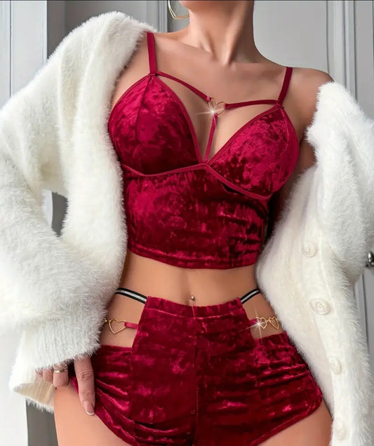 Ensemble de pyjama en velours sexy pour femme avec un coeur doré, haut court à dos nu et col en V,mini-short ajouté