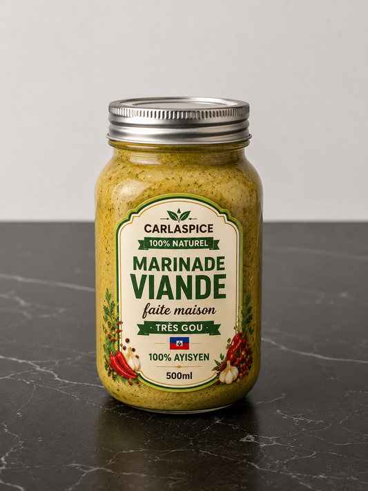 CARLA SPICE 100% bio
Tout le monde peut utiliser cette marinade pour la viande, poisson, salade, riz collé et plusieurs autres plats.
Goût riche, parfum authentique et qualité maison.

📞 Pour plus d’informations : 514 346 8880