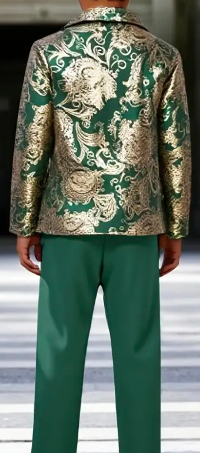 Costume Elegant pour occasion formelle 2 pièces design florale doré et vert,ensemble deux pièces pour jeunes hommes,tissus premium,finition soignée,tenue sophistiqué