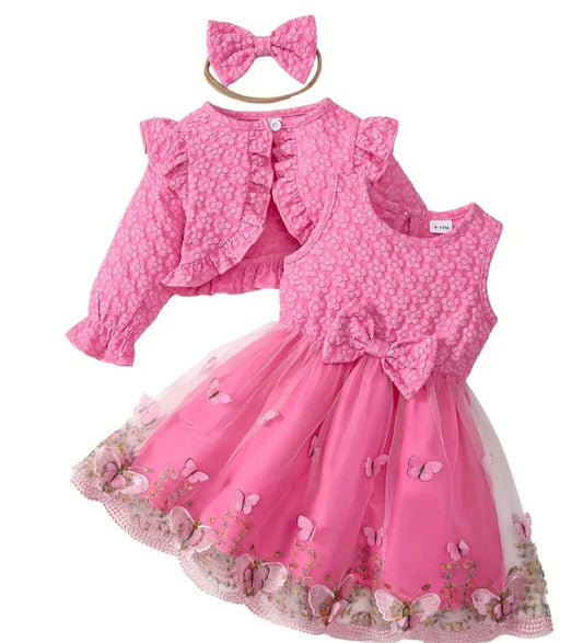 Ensemble adorable 3pcs pour filles, robe en maille de brodée papillons, haut court à volant et manche longue et bandeau à noeuds-parfait pour printemps/automne, idéal pour extérieure