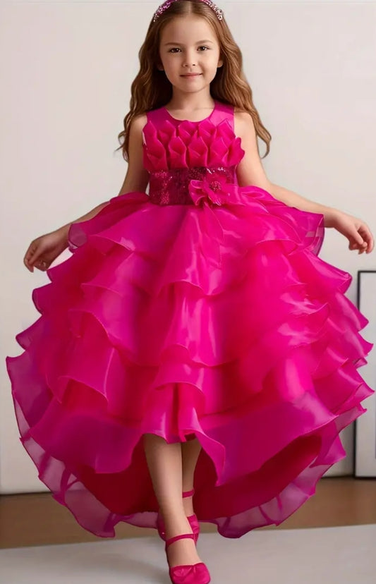 Robe de soirée haute-basse pour filles ,robe en tulle à paillettes rose ,robe de princesse à fleurs pour demoiselle d'honneur, robe bouffante pour cérémonie de remise Diplôme