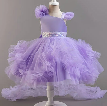 Robe princesse en tulle élégant pour fille avec noeuds amovible et traîne,robe de gala pour concours de beauté hôtesse,performance de piano,cadeau de fête saisonnière,polyester,couleur unie, sans manche,ceinture à la taille,ourlet en couches, ajustement