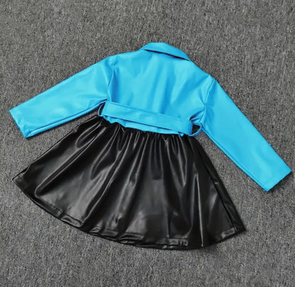 Robe en cuir d'unité central de bloc de couleur de revers de bouton de fille avec des vêtements d'enfants de ceinture