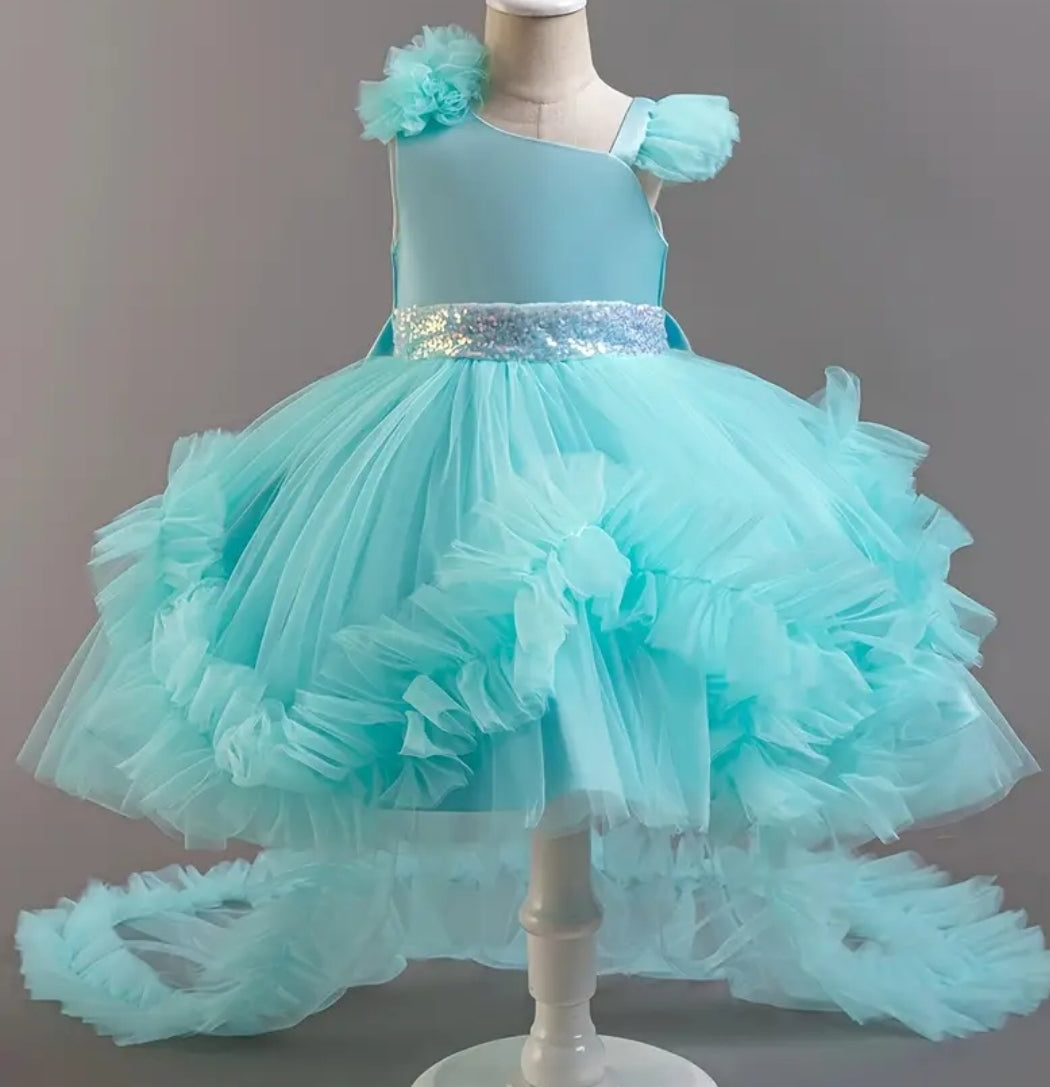 Robe princesse en tulle élégant pour fille avec noeuds amovible et traîne,robe de gala pour concours de beauté hôtesse,performance de piano,cadeau de fête saisonnière,polyester,couleur unie, sans manche,ceinture à la taille,ourlet en couches, ajustement