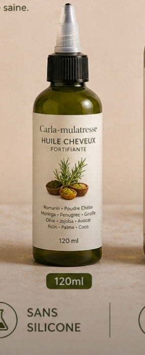 L'huile Carla-mulatresse à base de gombo riche en fibres, Romarin stimuler la croissance des cheveux, girofle et gingembre etc..... pour tout type de cheveux