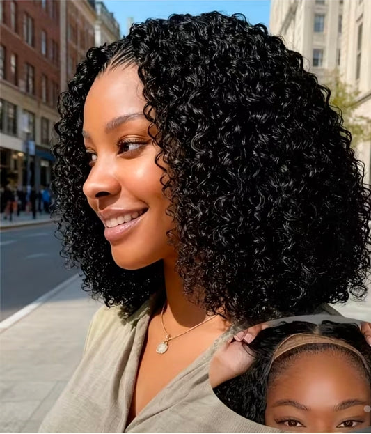 Perruque sans colle avec boucles permanentes.-Pas adhésif nécessaire,style naturellement volumineux et bouclés facile à tresser.