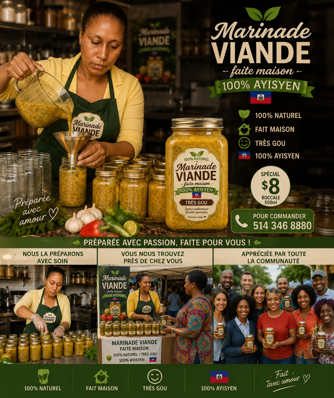 CARLA SPICE 100% bio
Tout le monde peut utiliser cette marinade pour la viande, poisson, salade, riz collé et plusieurs autres plats.
Goût riche, parfum authentique et qualité maison.

📞 Pour plus d’informations : 514 346 8880