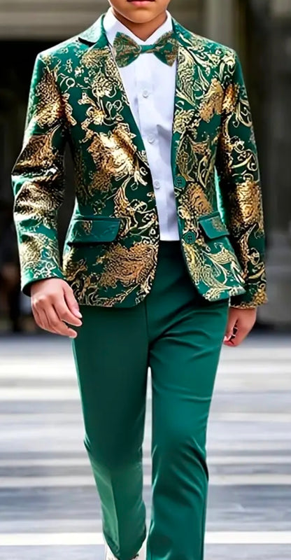 Costume Elegant pour occasion formelle 2 pièces design florale doré et vert,ensemble deux pièces pour jeunes hommes,tissus premium,finition soignée,tenue sophistiqué