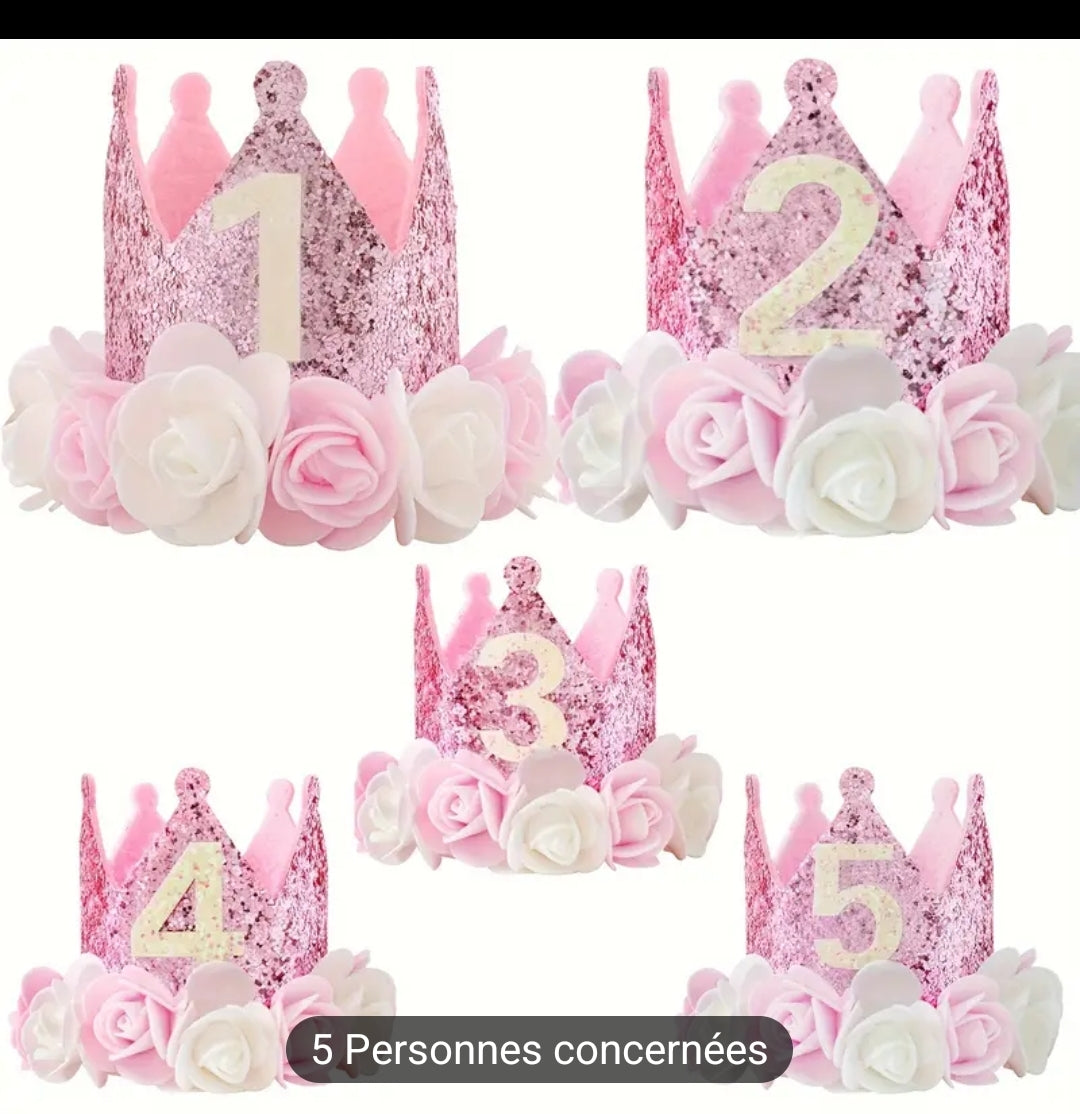 Chapeau couronne d'anniversaire pailleté rose scintillant pour 1 à 5 ans parfaits pour la fête de bébé et petite,lavage à la main uniquement