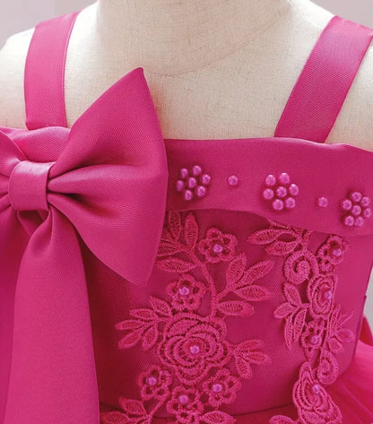 Robe camisole Élégante en broderie florales et empiècement en maille,ornée d'un noeuds papillon, sans manche pour bébé fille,pour une occasion formelle /fête d'anniversaire/séance photo