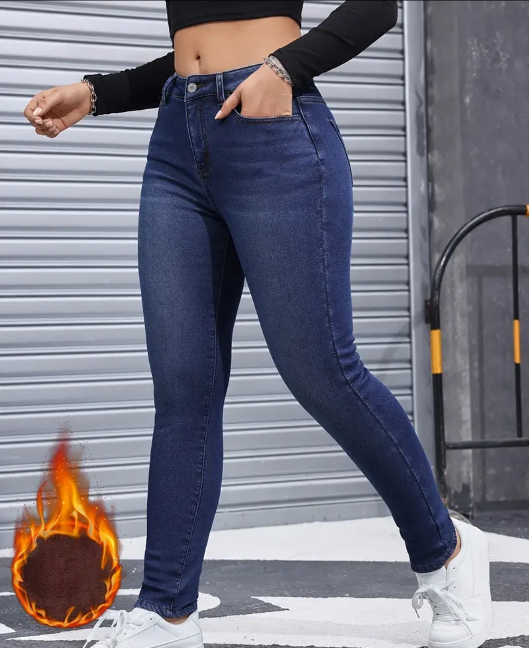 Pantalon jeans skinny Ajuster double en peluche, extensible, bleu dévalé, style décontractés, fermeture à glissières et à boutons pour l'hiver en denim pour femme