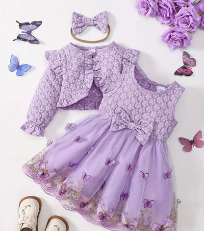 Ensemble adorable 3pcs pour filles, robe en maille de brodée papillons, haut court à volant et manche longue et bandeau à noeuds-parfait pour printemps/automne, idéal pour extérieure