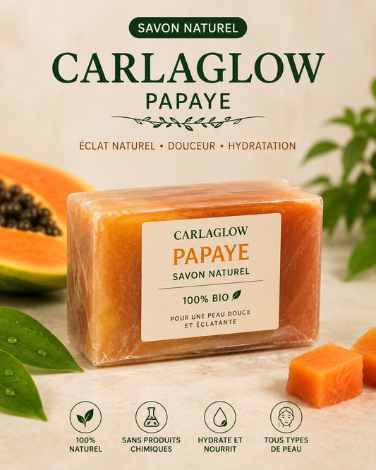 Savon Carlaglow Papaye
Un savon naturel enrichi en papaye fraîche, miel et huiles végétales qui nettoie, illumine et nourrit la peau. Il aide à unifier le teint, réduire les imperfections et révéler un éclat naturel. Convient à tous les types de peau.