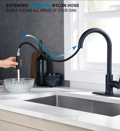 Robinet de cuisine noir mat,robinet pivotant à poignée unique avec pulvérisateur retractable,mélangeur cuisine commerciale avec plaque 10pouces pour 1 ou 3trous