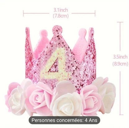 Chapeau couronne d'anniversaire pailleté rose scintillant pour 1 à 5 ans parfaits pour la fête de bébé et petite,lavage à la main uniquement