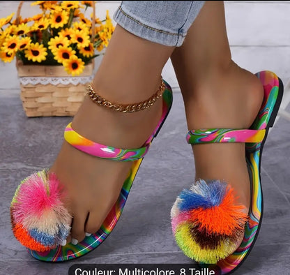 Sandales à fourrure coloré pour femmes,légères et plates à enfiler