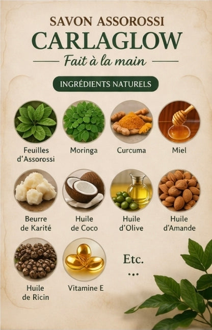 Savon Carlaglow Assorossi fait à la main, à base d’ingrédients naturels : feuilles d’assorossi, moringa, curcuma, miel, beurre de karité, huile de coco, olive, amande, ricin et vitamine E.
Nettoie, nourrit et illumine la peau en douceur