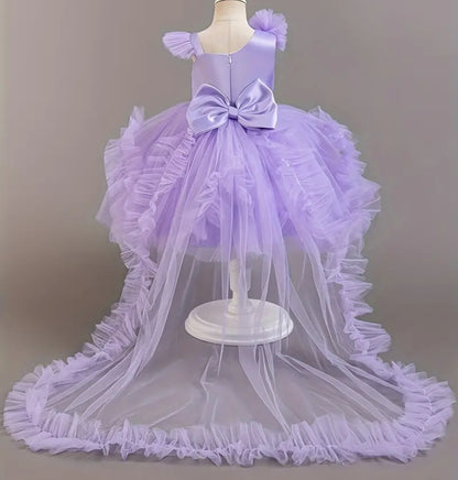 Robe princesse en tulle élégant pour fille avec noeuds amovible et traîne,robe de gala pour concours de beauté hôtesse,performance de piano,cadeau de fête saisonnière,polyester,couleur unie, sans manche,ceinture à la taille,ourlet en couches, ajustement