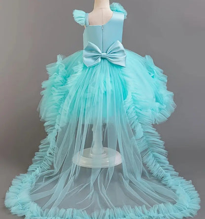 Robe princesse en tulle élégant pour fille avec noeuds amovible et traîne,robe de gala pour concours de beauté hôtesse,performance de piano,cadeau de fête saisonnière,polyester,couleur unie, sans manche,ceinture à la taille,ourlet en couches, ajustement