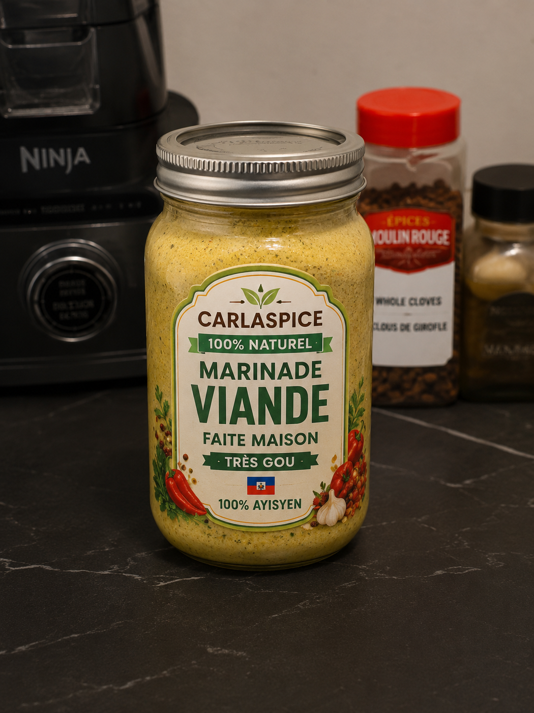 CARLA SPICE 100% bio
Tout le monde peut utiliser cette marinade pour la viande, poisson, salade, riz collé et plusieurs autres plats.
Goût riche, parfum authentique et qualité maison.

📞 Pour plus d’informations : 514 346 8880