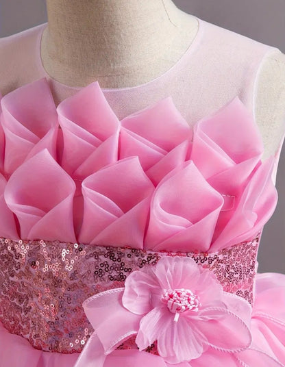 Robe de soirée haute-basse pour filles ,robe en tulle à paillettes rose ,robe de princesse à fleurs pour demoiselle d'honneur, robe bouffante pour cérémonie de remise Diplôme