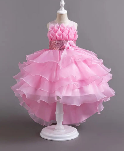 Robe de soirée haute-basse pour filles ,robe en tulle à paillettes rose ,robe de princesse à fleurs pour demoiselle d'honneur, robe bouffante pour cérémonie de remise Diplôme